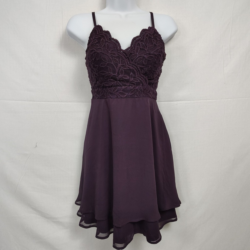 Purple Crochet Lace Tiered Slip Mini Dress Sz 7 Lined Chiffon Fairy Grunge Party